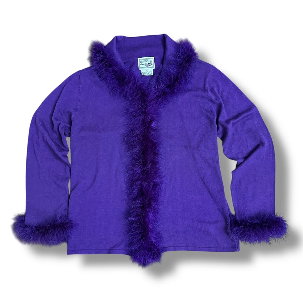 Red Hat Society Purple Feather Trim Cardigan Jacket XL Y2K Vintage‎ Themed Party